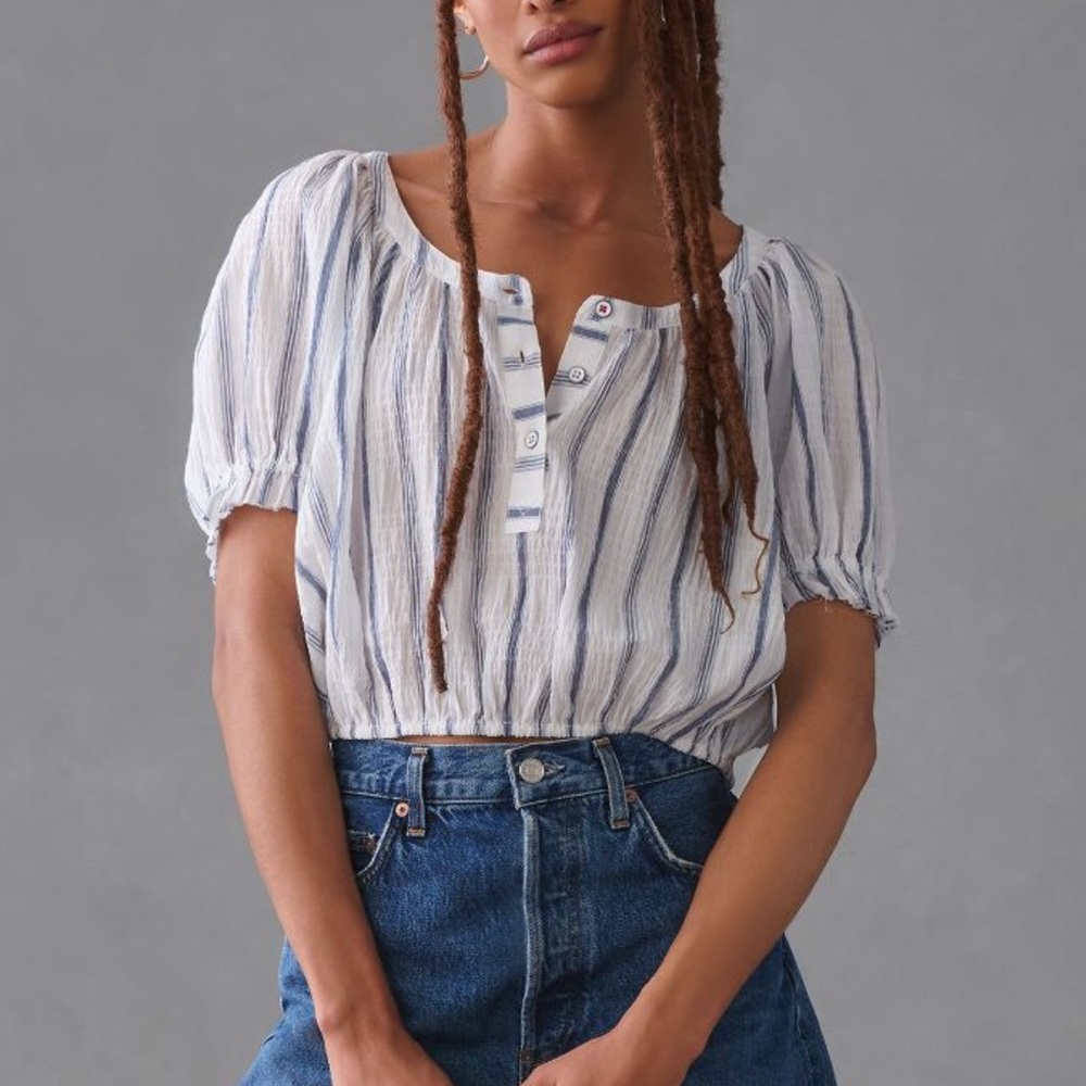 Anthropologie Pilcro Puff Sleeve Blue Motif Short Sleeve Crop Blouse Size XL NWT